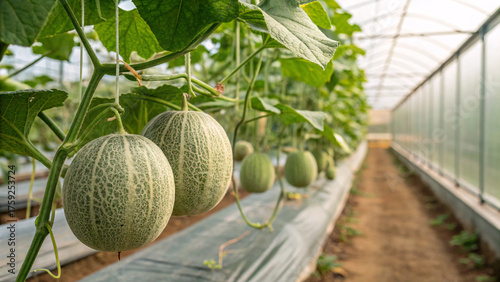 Close-up of green melons growing in a modern greenhouse, showcasing sustainable agriculture, organic farming, and fresh fruit cultivation under controlled conditions.