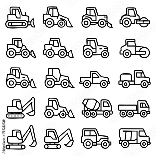 Construction Truck Excavator Heavy Vehicle Line Icons