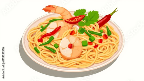 A delicious gourmet dinner dish of pasta with chicken and vegetables in a creamy sauce on a plate vector