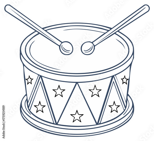 Line art illustration of a star-patterned drum with drumsticks for children's entertainment.