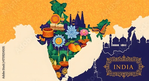 A colorful illustration celebrating the rich tapestry of Indian culture, with iconic symbols and famous landmarks set within the country's map