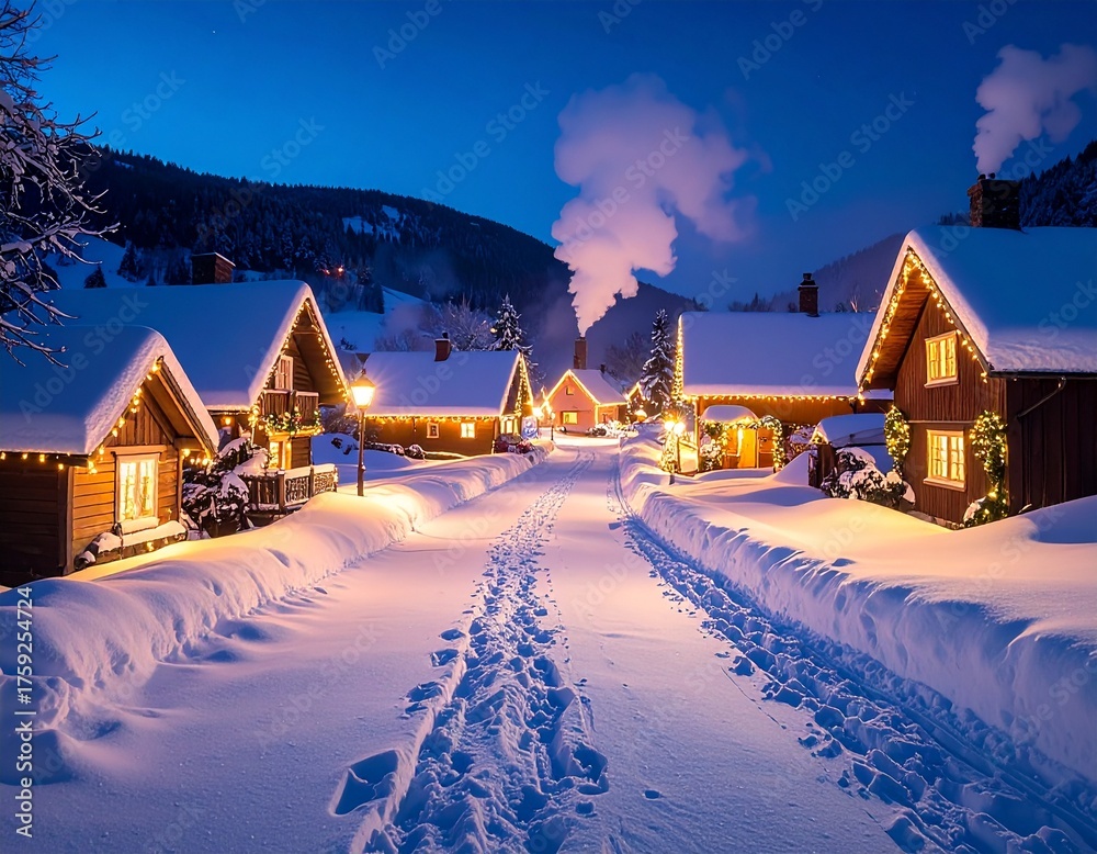 Fototapeta premium Snow-Covered Village at Night