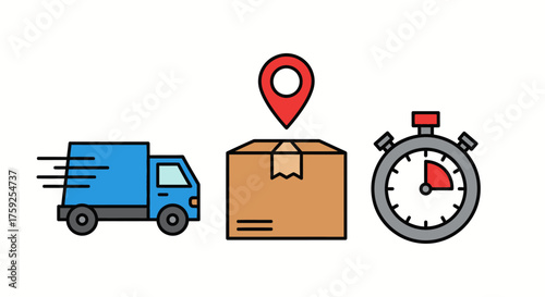 Vector delivery service icons set – truck, package, map pin, and stopwatch in clean flat minimal style