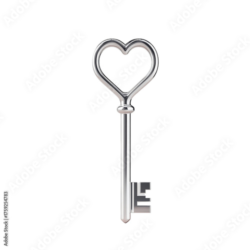 Heart-Shaped Silver Key on a White Background for Unique Decor