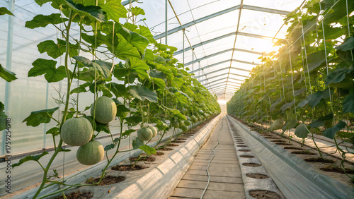 Close-up of green melons growing in a modern greenhouse, showcasing sustainable agriculture, organic farming, and fresh fruit cultivation under controlled conditions.