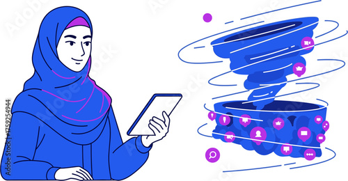 A woman in a hijab uses a tablet while a stylized tornado graphic with social media icons spins nearby, representing digital disruption.