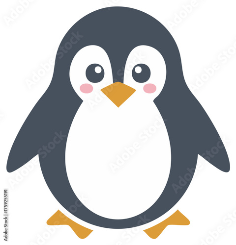 Cartoon Penguin Illustration, Cute Animal Character. Penguin with pink cheeks and orange beak.