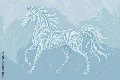 Delicate white horse with floral patterns etched on a soft blue background