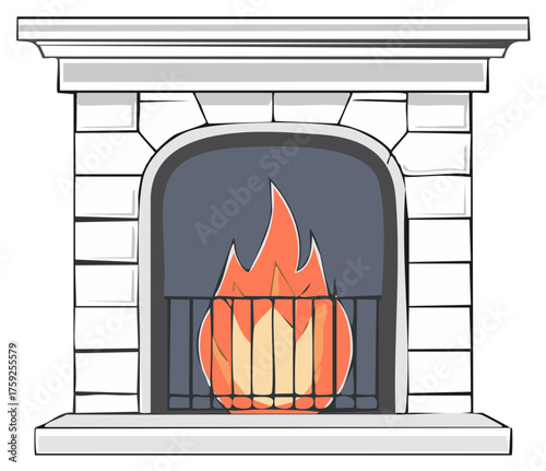 Cartoon Stone Fireplace with Flames and Iron Grate Illustration