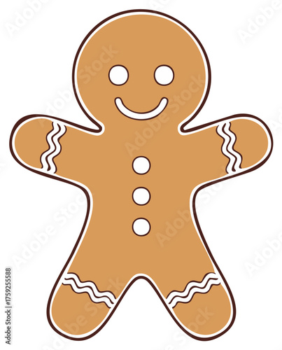 Cartoon gingerbread man character illustration, smiling with buttons and decorative details.