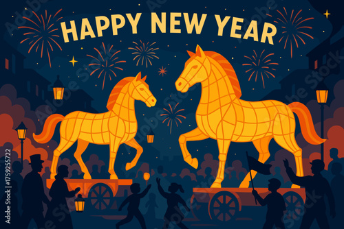 Festive New Year celebration with illuminated horses and fireworks in the background