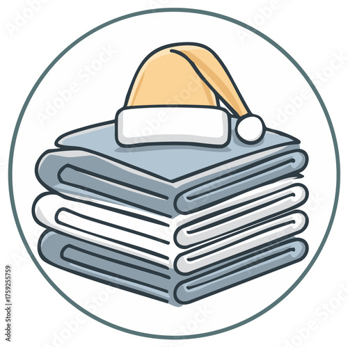 Cartoon stack of blankets with sleeping cap on top representing comfort and bedtime