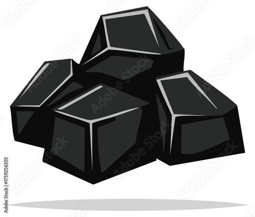 Stylized black coal lumps, dark fossil fuel material illustration for energy and industry