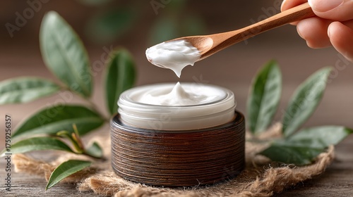 Natural Moisturizer Cream in Jar with Wooden Spoon and Green Leaves