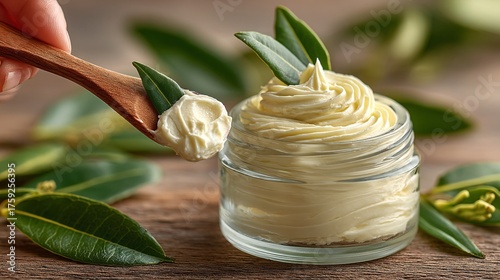 Creamy Natural Skincare Product with Green Leaves on Wooden Surface
