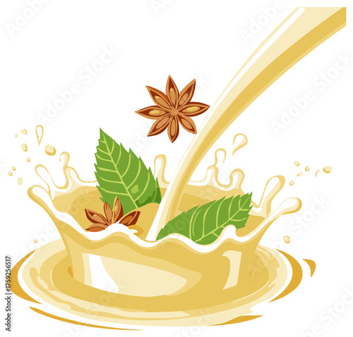 Chai tea beverage illustration with pouring liquid, mint leaves, and star anise spice