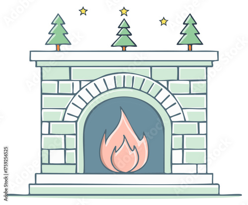 Cheerful Holiday Fireplace with Christmas Trees and Glowing Stars Festive Illustration