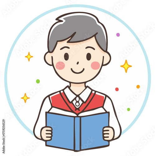 Cheerful schoolboy in uniform reading a book with sparkles, cute cartoon vector icon for education