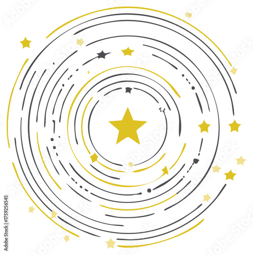 Central golden star surrounded by dynamic swirling lines and scattered sparkle