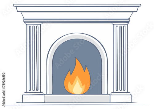 Classic Fireplace Illustration with Burning Fire Flames, Vector Graphics