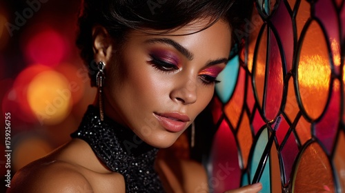 Elegant Portrait of Woman with Artistic Makeup and Vibrant Colors