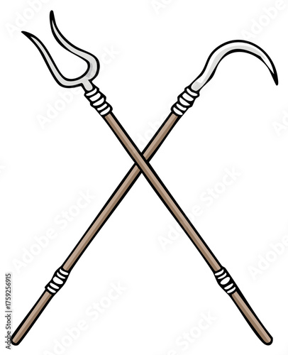 Crossed agricultural and weaponry tools in an illustrated style, ideal for design elements