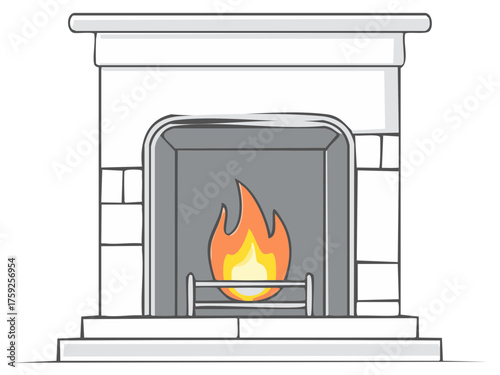 Charming cartoon fireplace with warm glowing flames and hearth