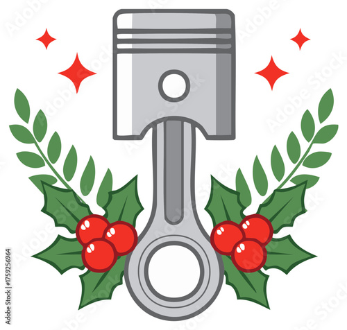 Automotive Piston Engine Part Decorated with Christmas Holly and Festive Berries