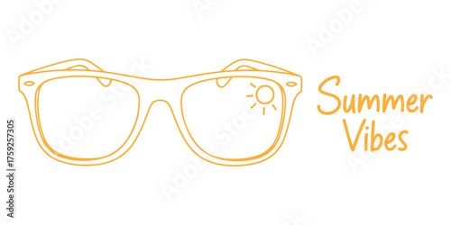 Retro style sunglasses with text summer vibes in a bright yellow outline on a white background