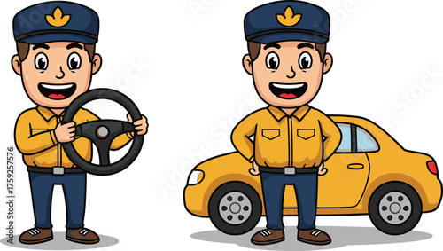 Cartoon driver character, transportation illustration, man with car artwork, chauffeur concept, professional worker design, automotive service cartoon, smiling driver artwork