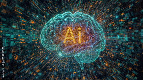 A luminous brain model showcasing artificial intelligence is surrounded by dynamic, colorful particles in a dark environment, merging technology with creativity.