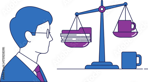 A man contemplates the balance between work and leisure, symbolized by a scale holding files and a coffee cup, representing choices.