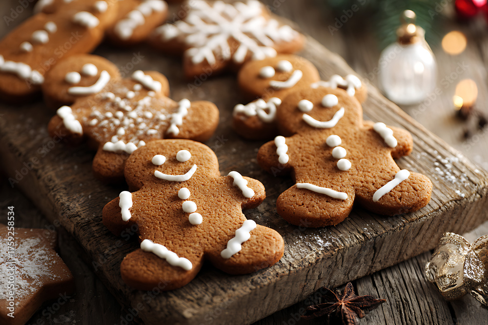 Fototapeta premium Festive gingerbread men and snowflake cookies bring a touch of holiday cheer to your projects, perfect for seasonal designs and cozy winter promotions