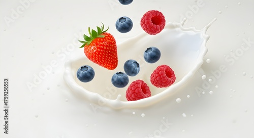 Berries falling into milk splash