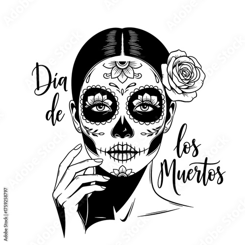 A black and white illustration of a woman with sugar skull makeup and a rose.