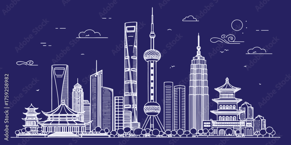 Fototapeta premium Shanghai Skyline Featuring Huangpu River, The Bund, and Oriental Pearl Tower – Use for Travel Brochures or Editorials