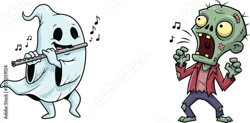 Cartoon ghost playing flute with musical notes and startled zombie in tattered clothes, fun spooky Halloween illustration for kids seasonal design
