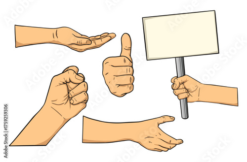 Collection of diverse human hands performing various gestures and holding objects, including a blank sign.
