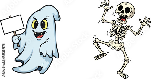 Cartoon Halloween ghost holding blank sign, funny skeleton dancing startled pose, playful spooky festive monster illustration, humorous holiday character design