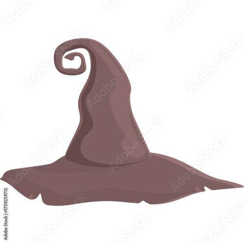 A Brown Witch Hat with a Swirl on Top and a Wide Brim on a White Background