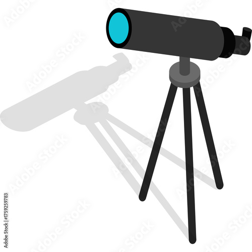 A black telescope with a cyan lens rests on a tripod casting a long shadow against a white background symbolizing exploration and observation