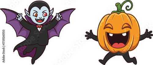 Cartoon Halloween vampire jumping with cape, joyful pumpkin head character leaping with vine, playful spooky festive monster illustration, humorous holiday design