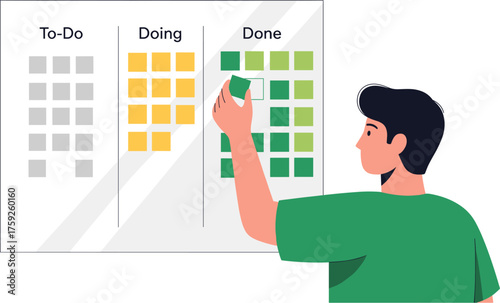 A person places a sticky note on a Kanban board, representing task completion and project management within a business environment.