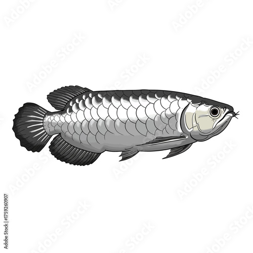 black and white silhouette vector icon of Arowana fish on white background