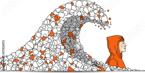 A person in an orange hooded jacket is submerged in water, facing a wave composed of various shapes and forms, a unique artistic illustration.