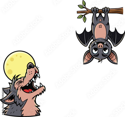 Cartoon Halloween werewolf howling at full moon, cute bat hanging upside down on tree branch, playful spooky festive monster illustration