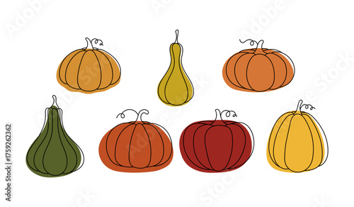 A set of pumpkins, isolated on white, vector illustration with a line with a colored background of autumn tones. A festive seasonal element for decoration, design, label