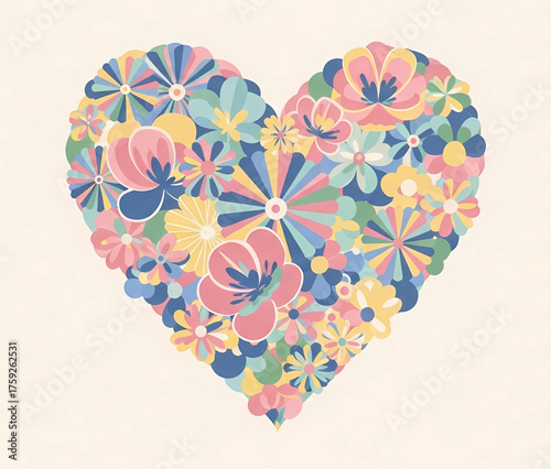 Heart shape densely filled with a vibrant, abstract mosaic of stylized flowers in a bright, playful color scheme of pink, blue, yellow, and green.