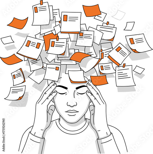 An illustration depicts a person overwhelmed by a flurry of paper notes, symbolizing stress, information overload, and the challenges of organization.