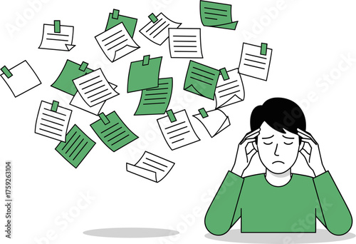 A frustrated man holds his head, surrounded by floating sticky notes, visualizing stress and overwhelming thoughts in a chaotic office.